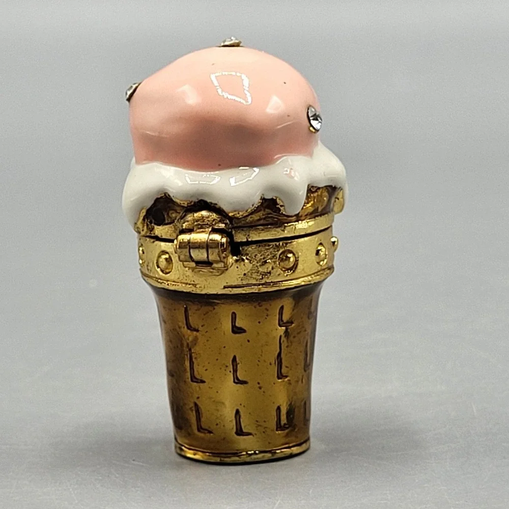 Work of Art Ice Cream Miniature Trinket Box Enamel Rhinestone Hinged Shelf Decor